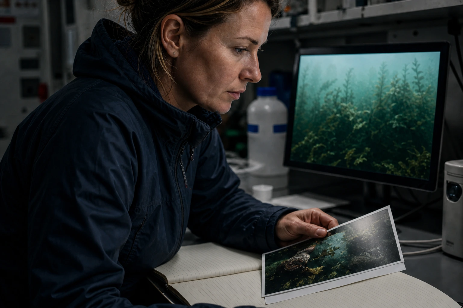 Elin Markwardt bei der Auswertung von Unterwasseraufnahmen